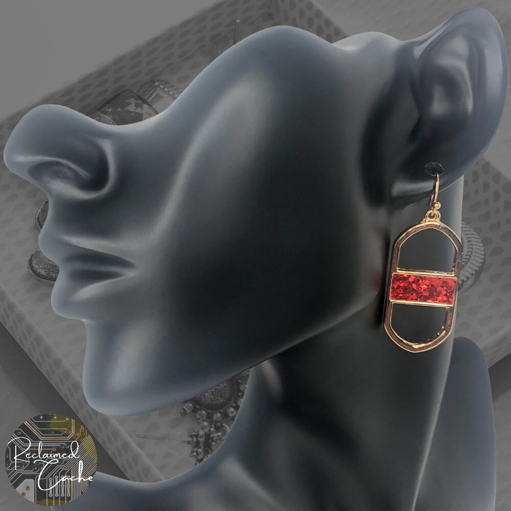 Gold and Red Oval Bar Drop Earrings
